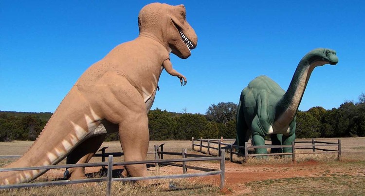 Dinosaur Statues on display at Dinosaur Valley State Park Entrance.  These statues were originally on display at the New York 1964-65 Worlds Fair. Picture from the Texas Parks and Wildlife website